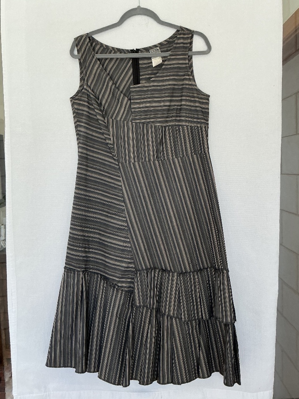 Lilith Paris Asymmetric Pinstripe Tiered Ruffle Panel Midi Dress Size L